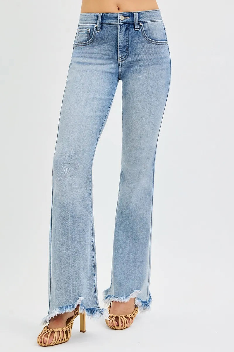 Full Size Tummy Control Mid Rise Flare Jeans with Fray Hem Detailed Plus Size