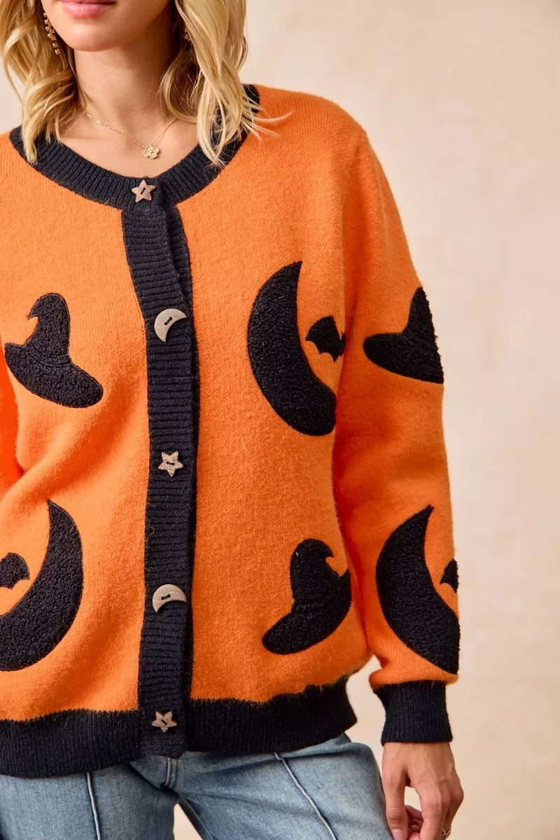 Halloween Witch Hat Moon Bat Artwork Cardigan