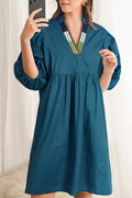 Blue Sapphire Colorblock Split V Neck Puff Sleeve Mini Dress
