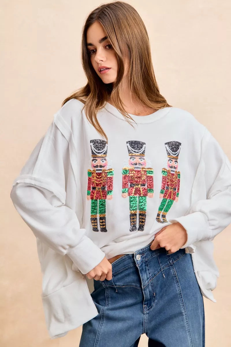 Christmas Sequin Nutcrackers Embroidery Sweatshirt