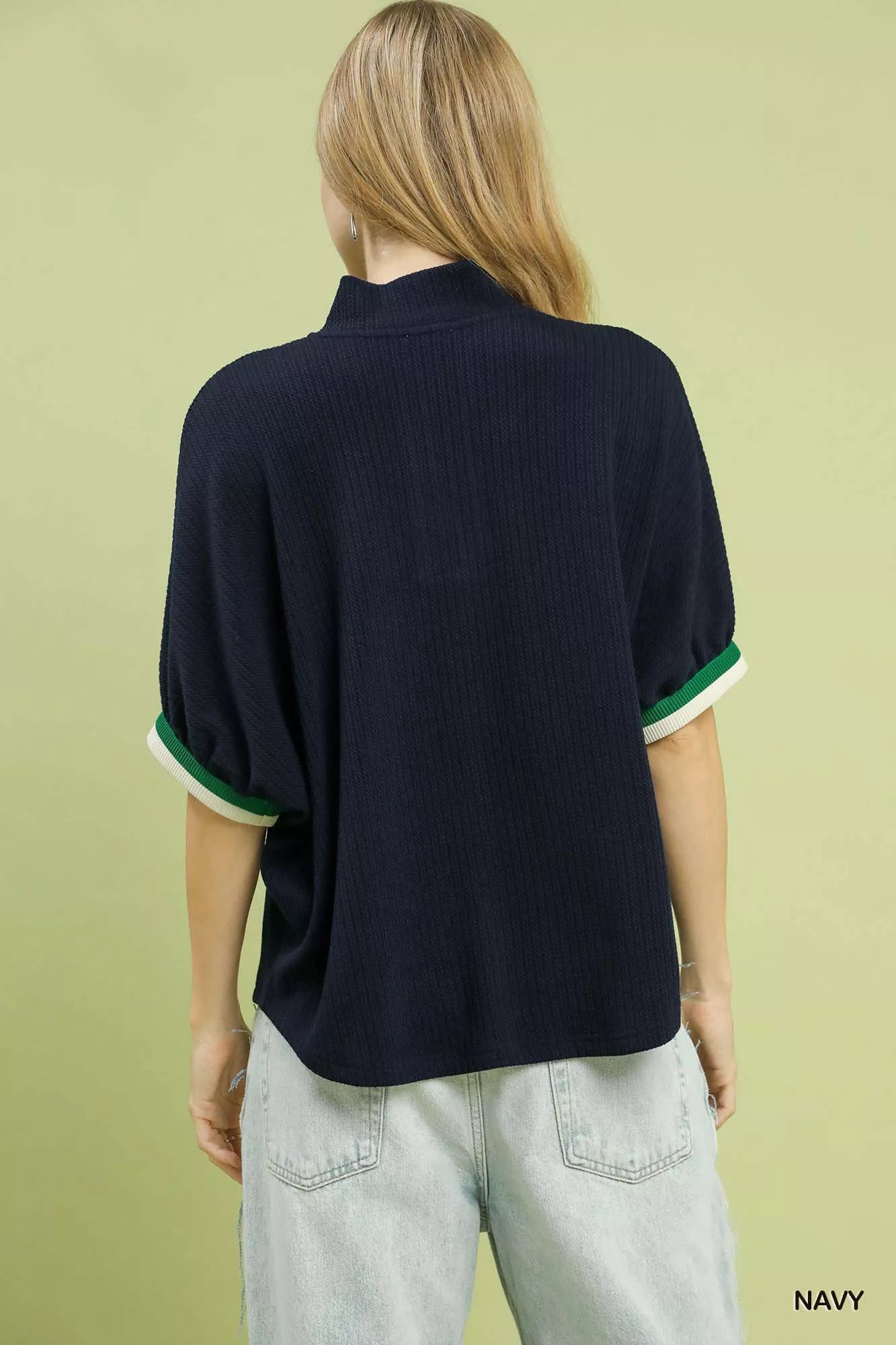 Textured Knit Top with Striped Contrast Trim
