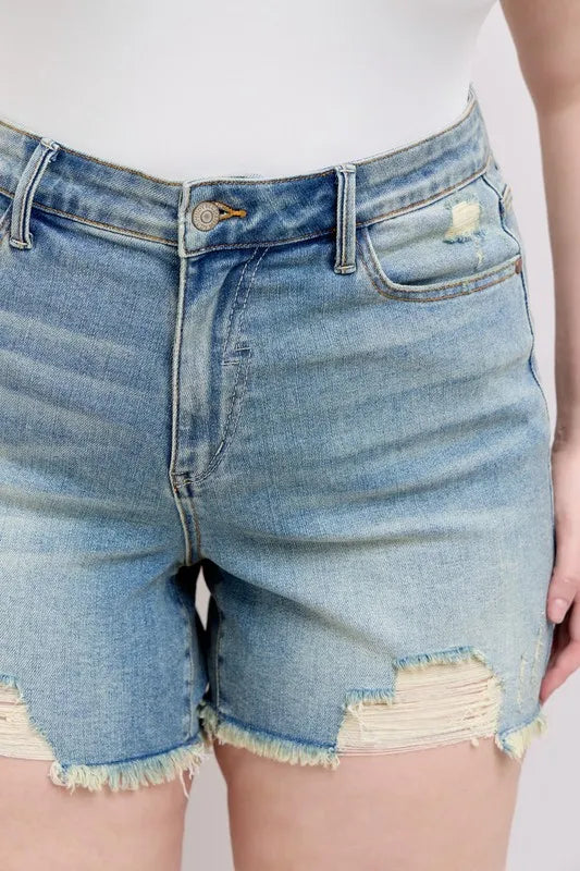Plus Size High Rise Washed Fly Stitch Detail and Destroy Denim Shorts