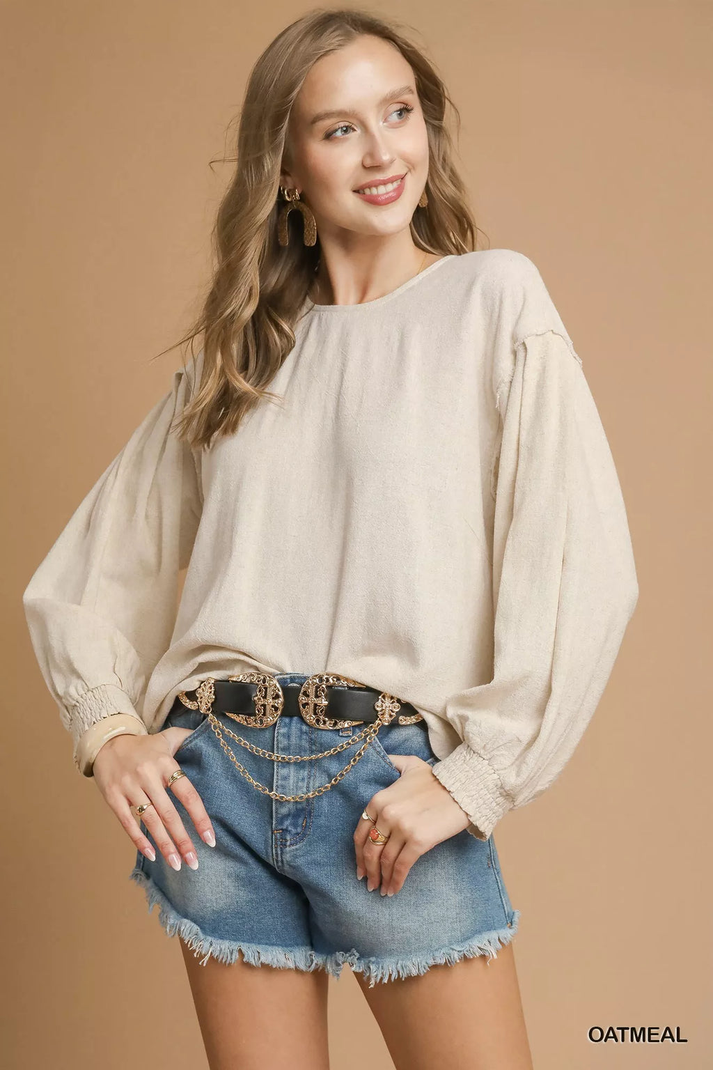 Linen Scallop Hem Long Sleeve Blouse
