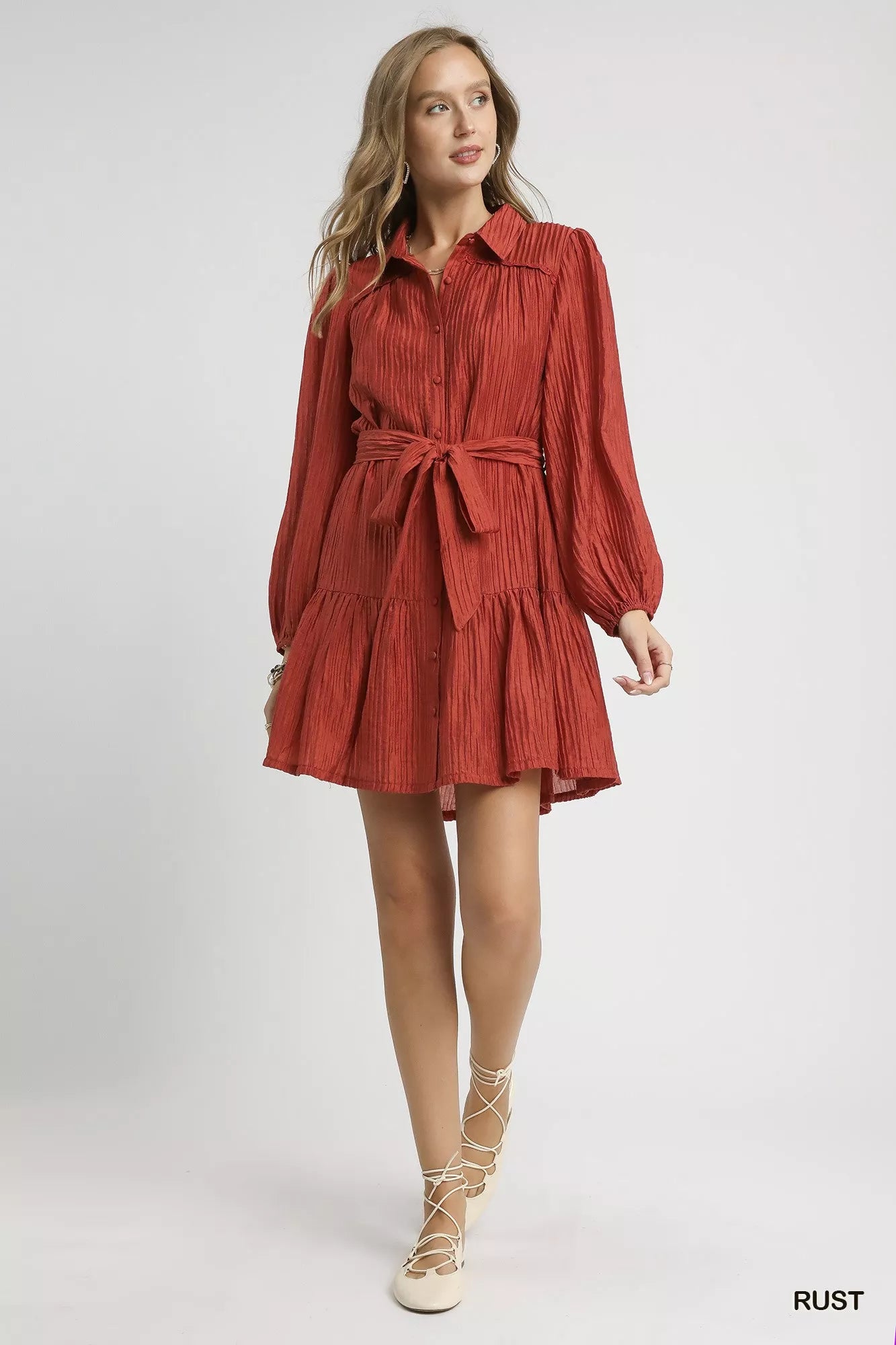 Crinkle Button-Front Tiered Mini Dress with Waist Tie