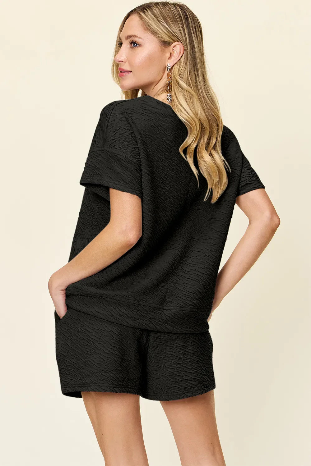 I am a Fashion Junky Full Size Texture Short Sleeve T-Shirt and Drawstring Shorts Set