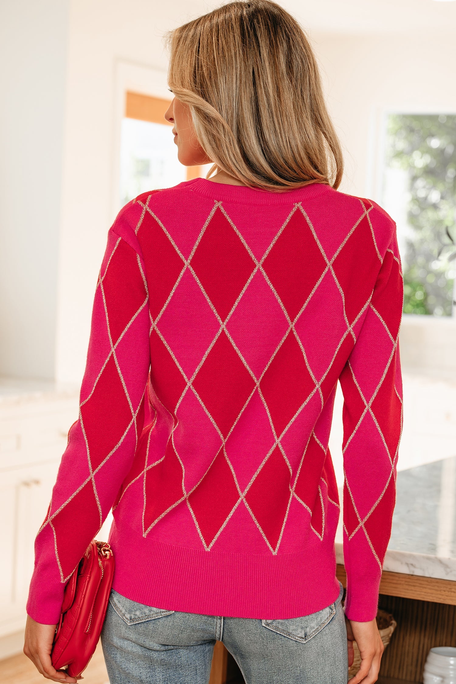 Rose Red Glitter Rhombus Pattern Knit Womens Casual Sweater