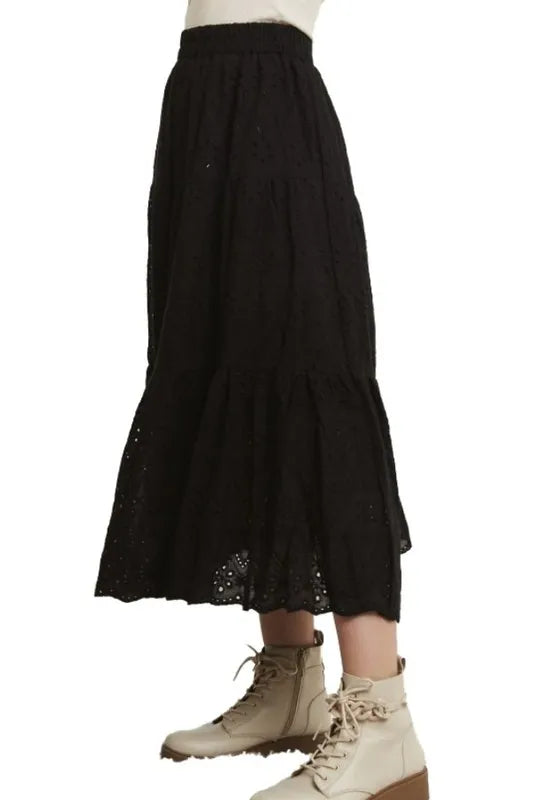 Elastic Waistband Tiered Midi Skirt