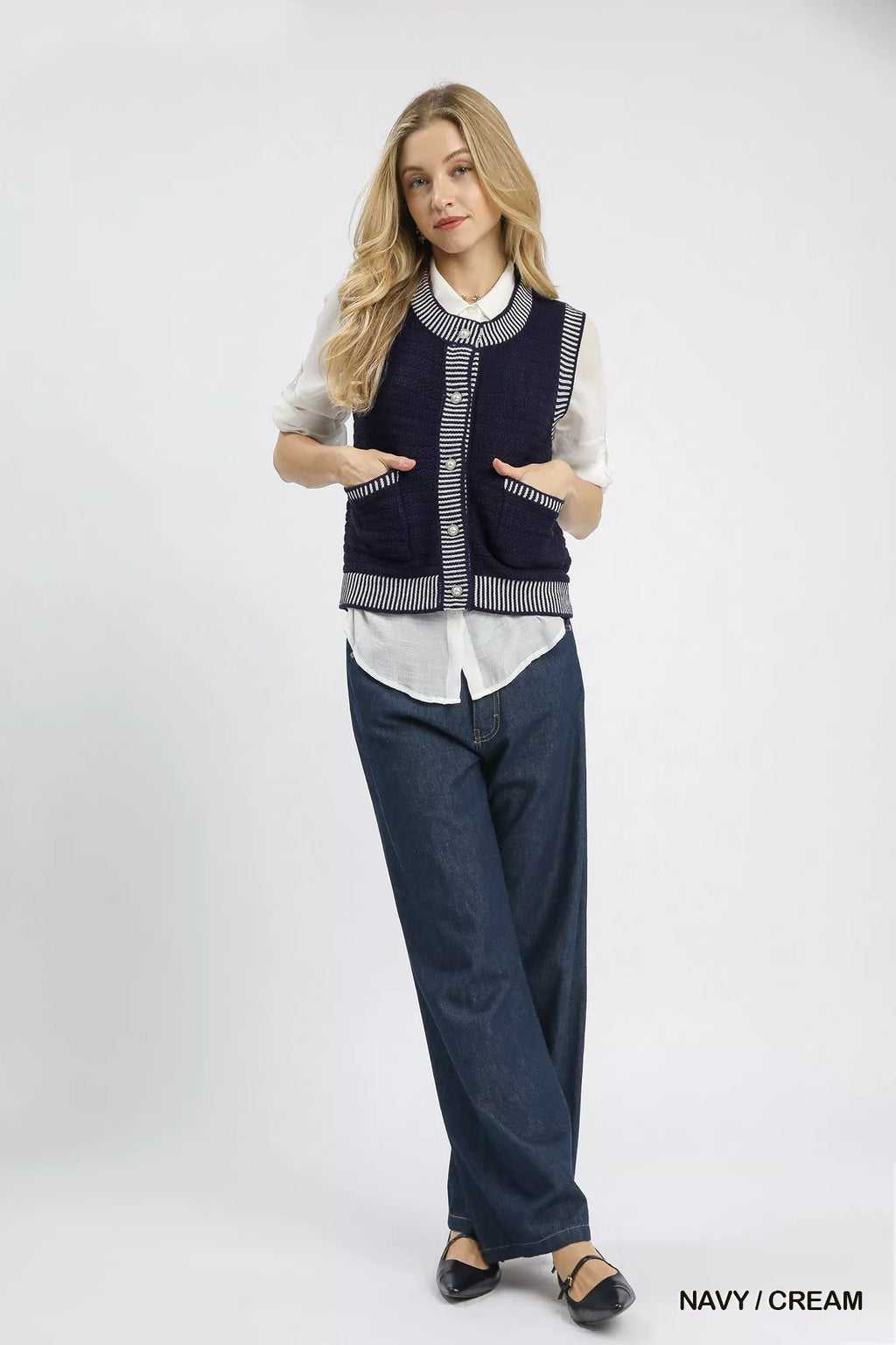 Contrast Striped Trim Button-Down Sweater Vest