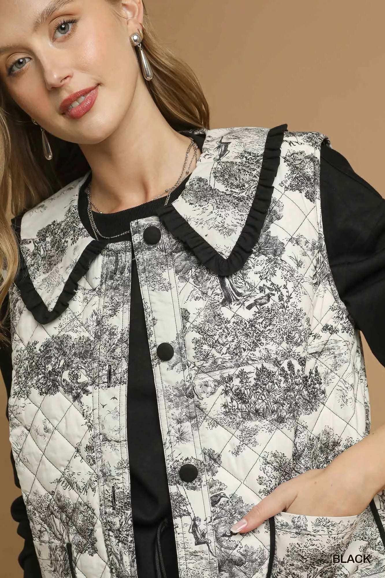 Toile Quilted Vest with Ruffle Collar