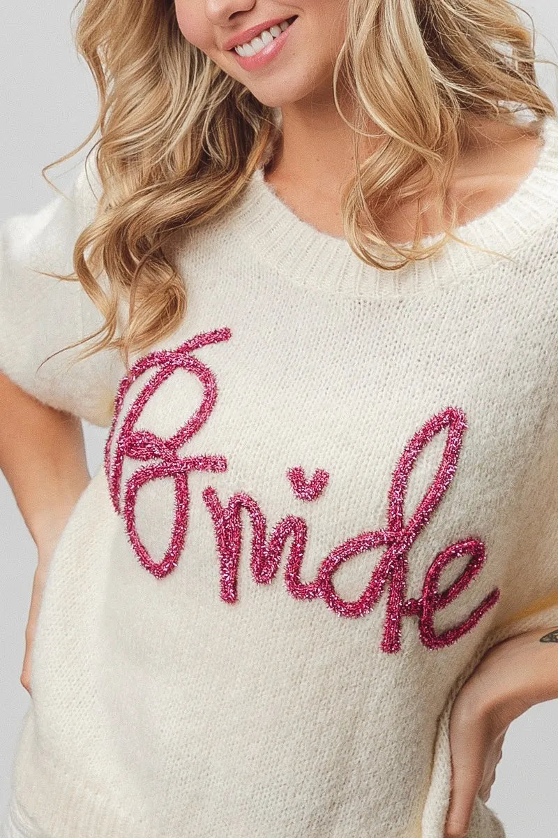 Metallic Letter Short Puff Sleeve Hairy Sweater