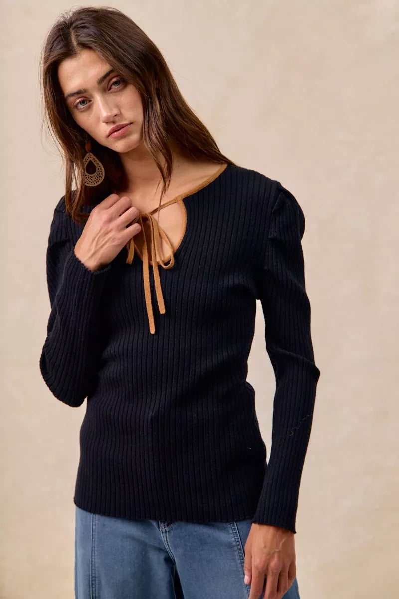 Ribbed Contrast Front Tied Top with Shrried