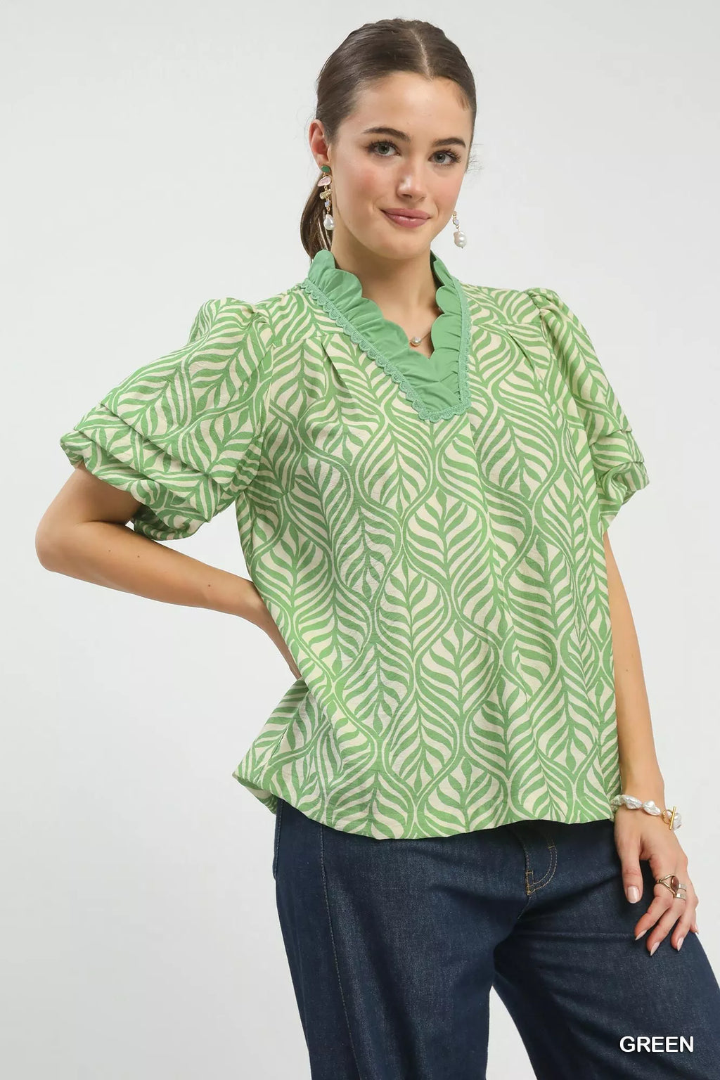 Printed Puff Sleeve Ruffle Neck Top