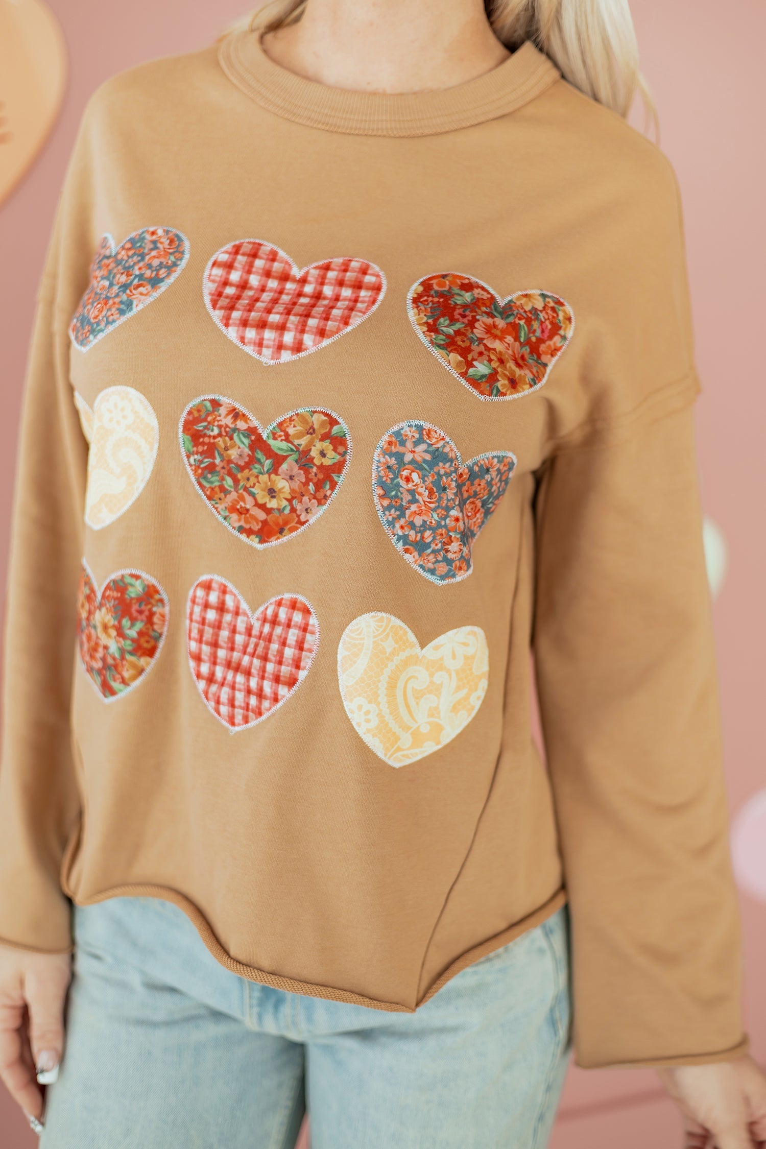 Straw Yellow Plaid Floral Heart Stitched Exposed Seam Mineral Wash Sweatshirt