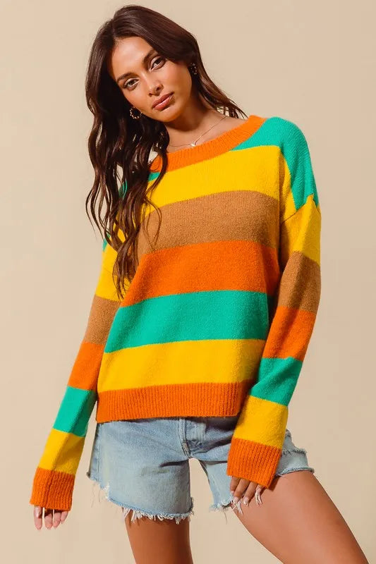 Multi Color Stripe Sweater with Ribbed Detail