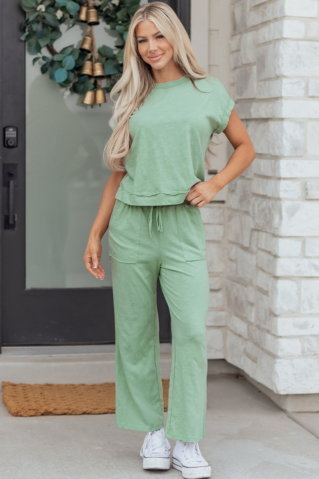 Canton Cuffed Short Sleeve Tee Raw Seam Patch Pocket Drawstring Pants Set