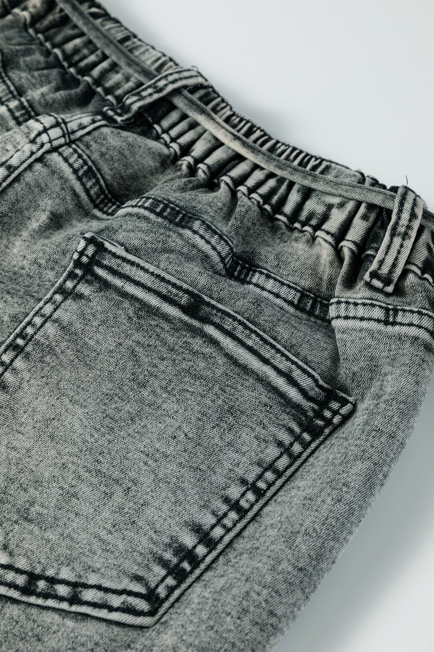 Gray Acid Wash Barrel Fit Denim Pants with Waist String
