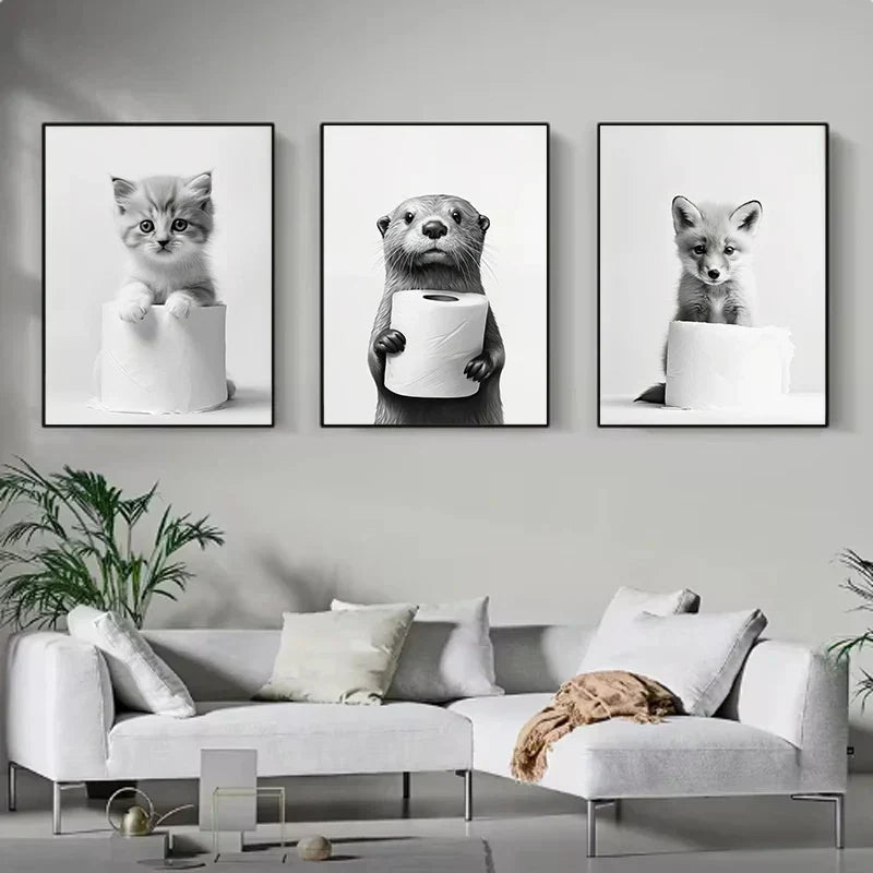 DecorBites™ Bathroom Wall Art: Cute Animal Canvas Posters