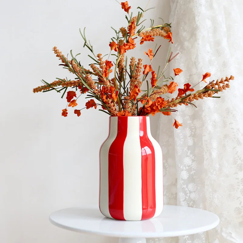 DecorBites™ Black & Red Striped Ceramic Vase - Home Decor
