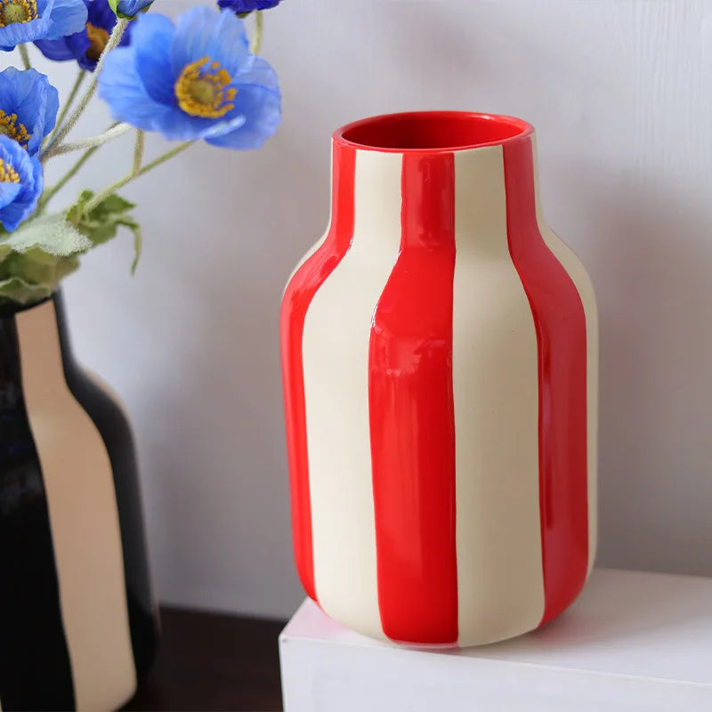 DecorBites™ Black & Red Striped Ceramic Vase - Home Decor