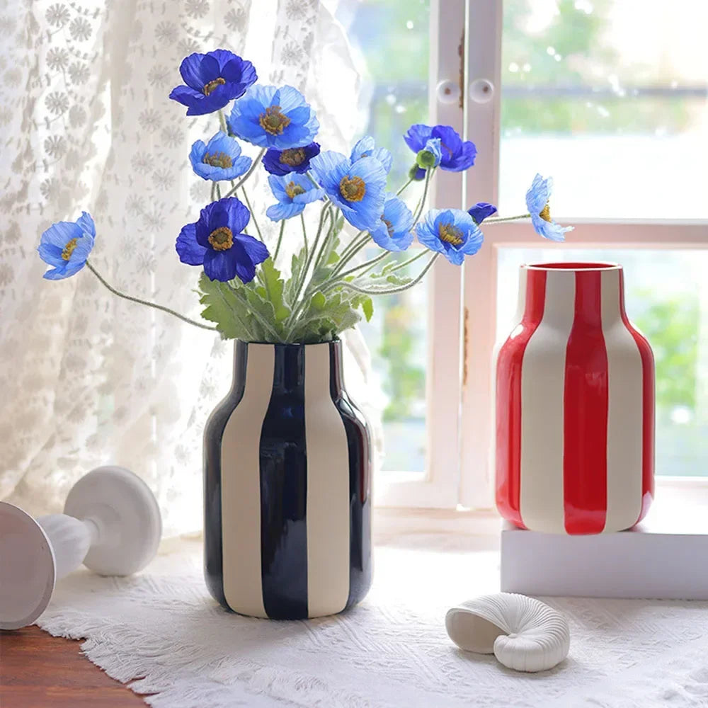 DecorBites™ Black & Red Striped Ceramic Vase - Home Decor