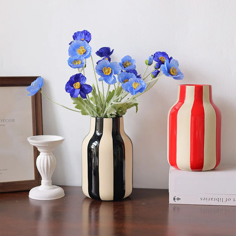 DecorBites™ Black & Red Striped Ceramic Vase - Home Decor