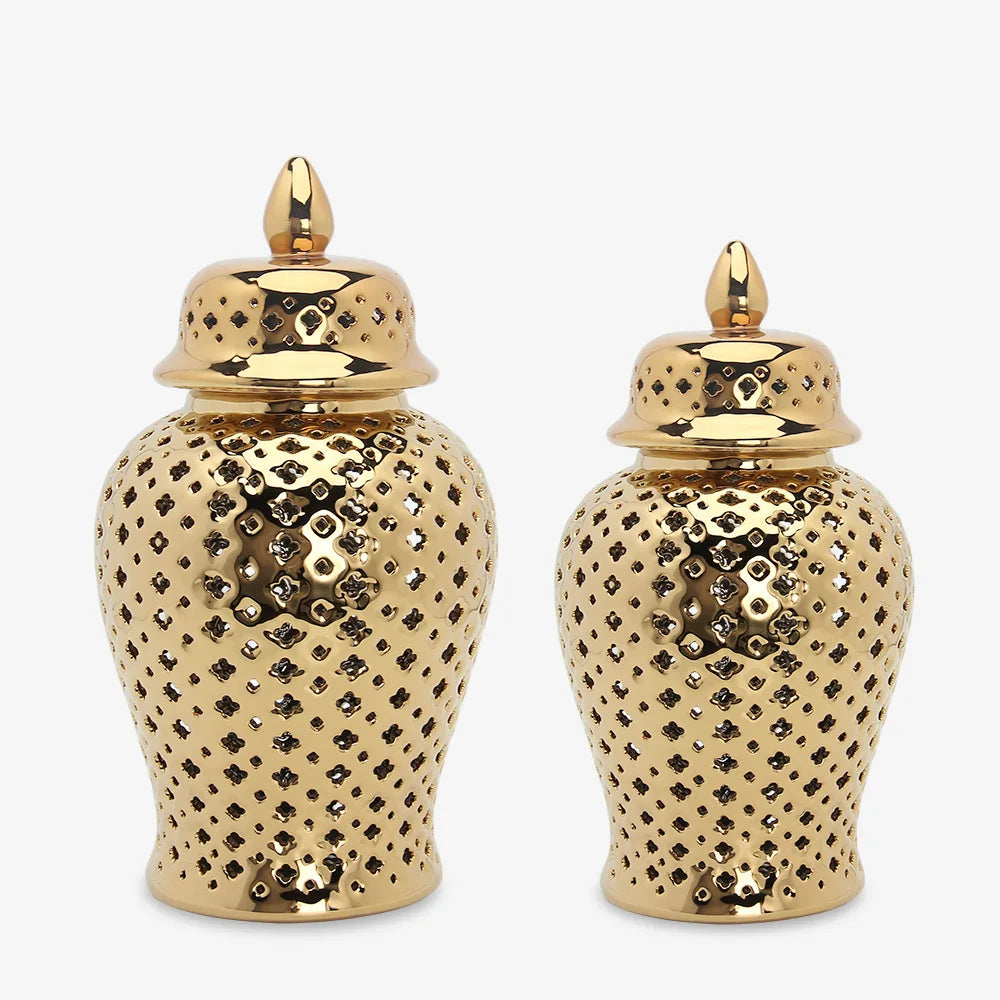 DecorBites™ Gold Ceramic Carved Temple Jar - Home Decor