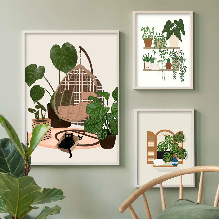 DecorBites™ Green Plants Black Cat Canvas Wall Art