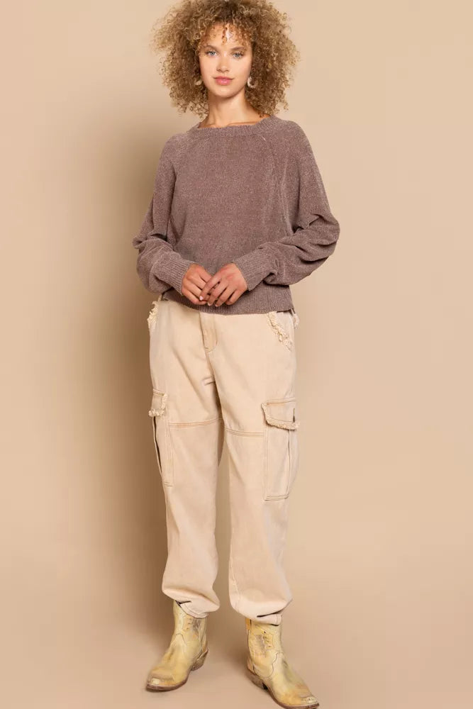 Round Neck Backless Sweater with Ribbed Edge