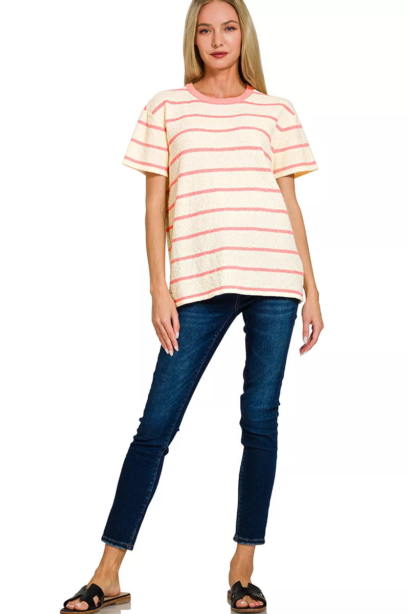 I am a Fashion Junky Textured Striped Crew Neck T-Shirt