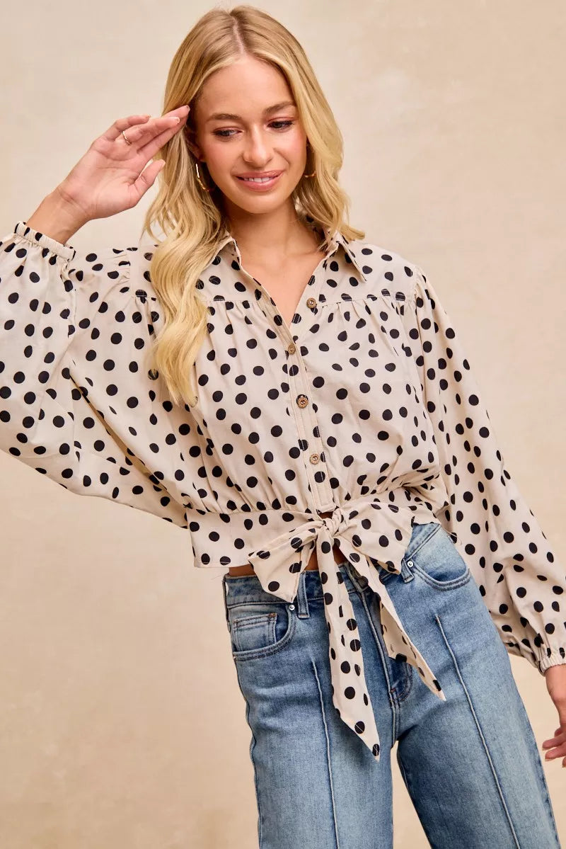 Polka Dot Print Tie Hem Detail Crop Shirt
