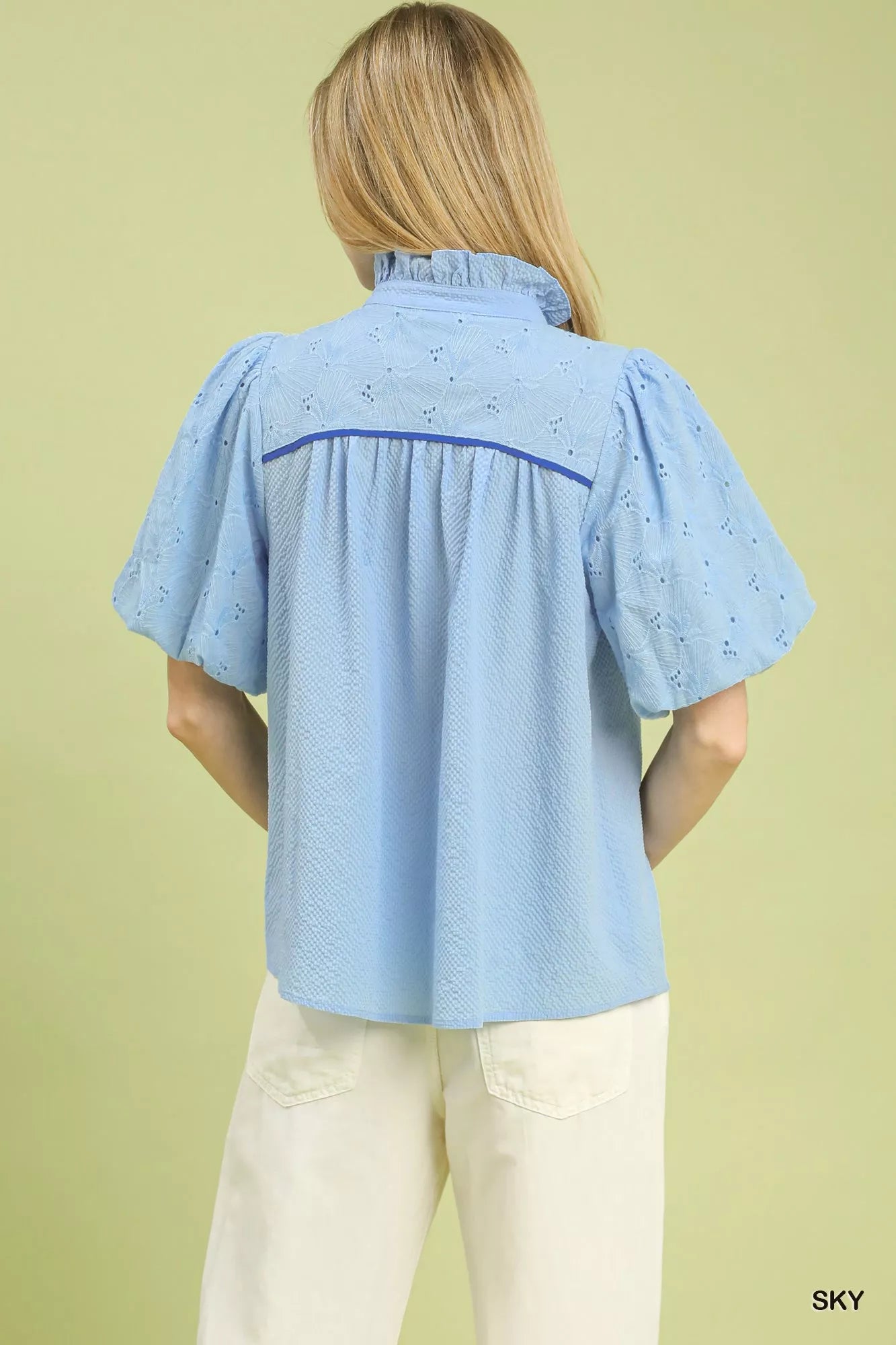 Puff Sleeve Eyelet Mix Top with Contrast Piping