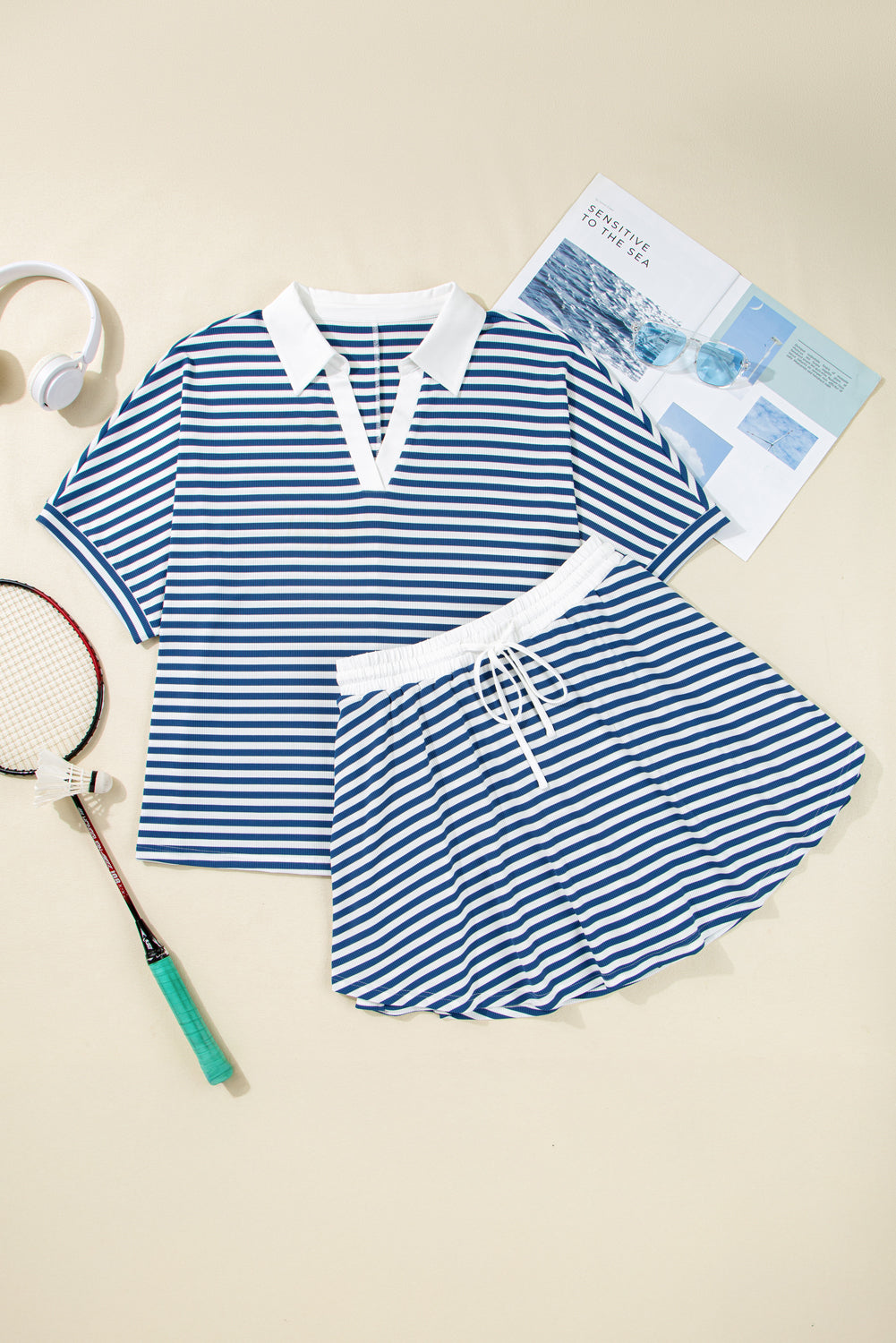 Blue Stripe Short Sleeve Collared V Neck Top Plus Size Skort Set