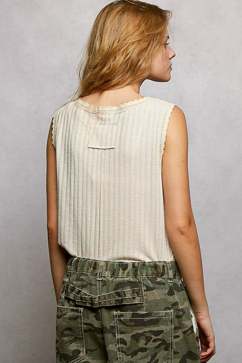 Ribbed Round Neck Tank with Lace Trim