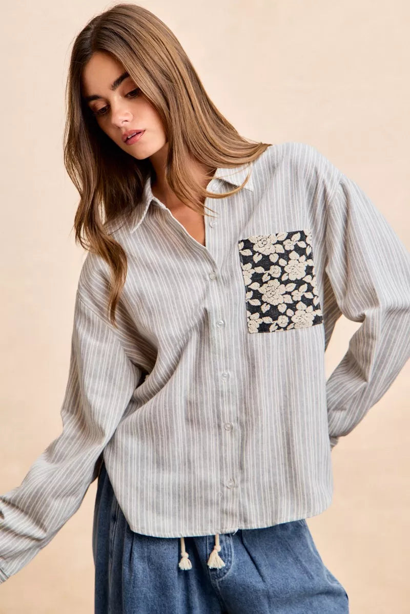 Flower Jacquard Knit Patch Pocket Stripe Shirt