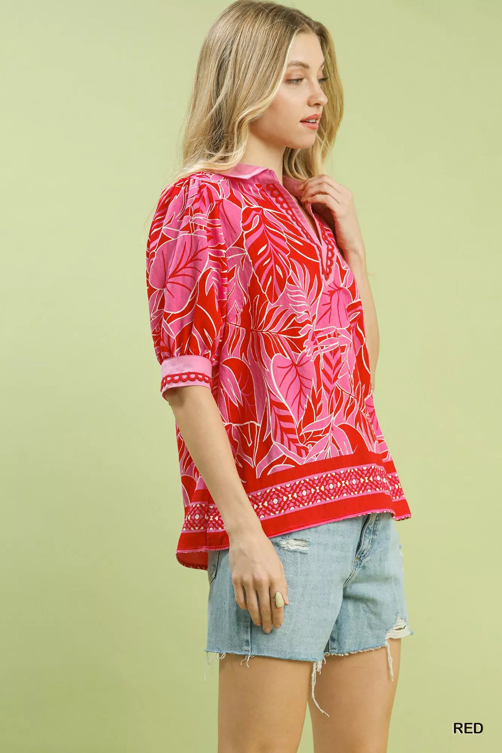 Tropical Print Puff Sleeve Blouse