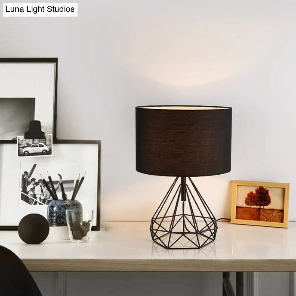 DecorBites™ Diamond Cage Bedside Table Lamp - Metallic Finish, Minimalist Design and Drum Fabric Shade"