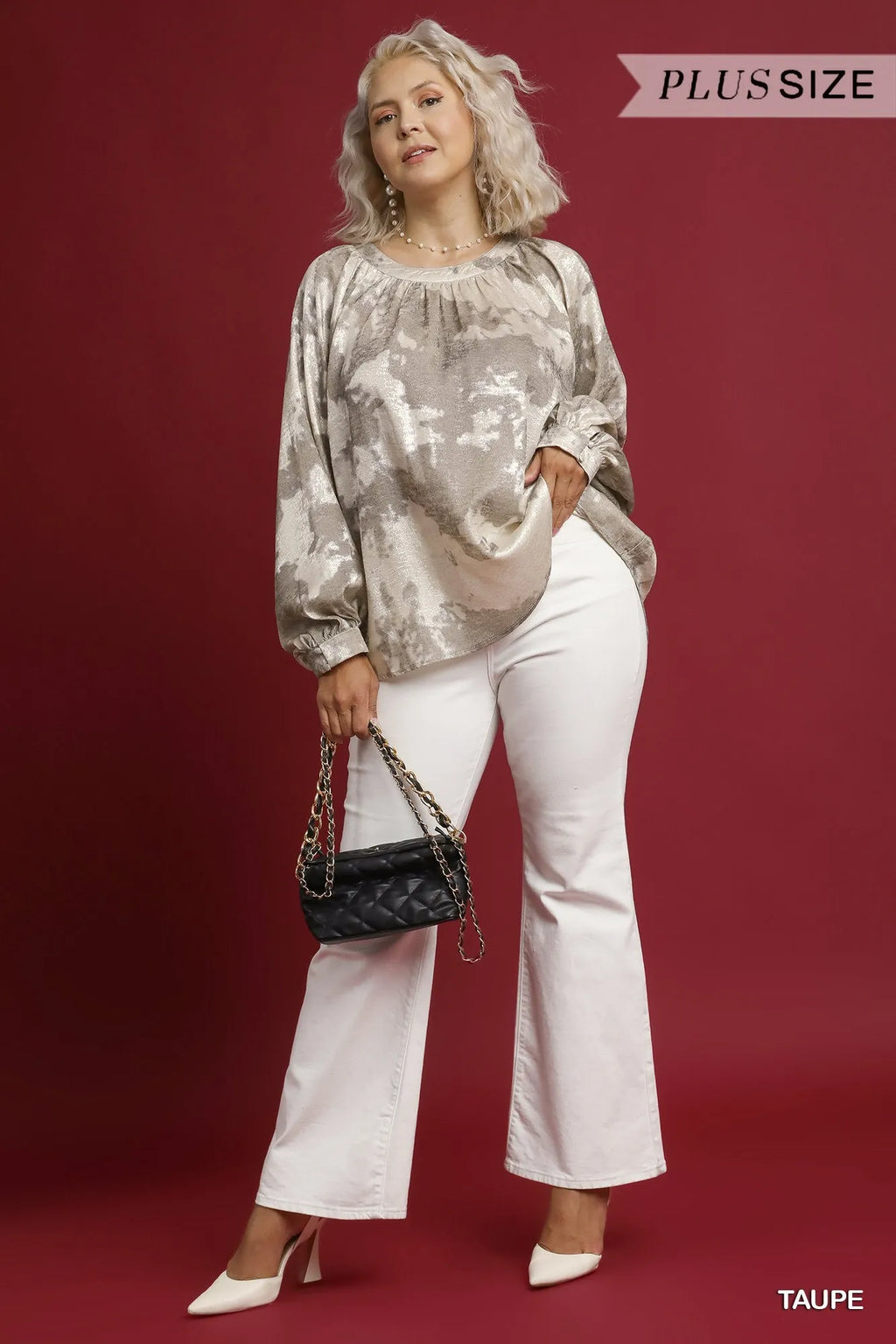 Full Size Metallic Fabric Blouse with Balloon Sleeves Plus Size