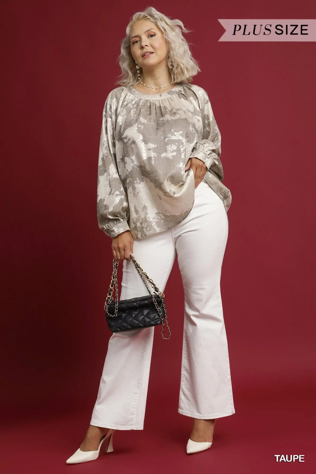 Full Size Metallic Fabric Blouse with Balloon Sleeves Plus Size