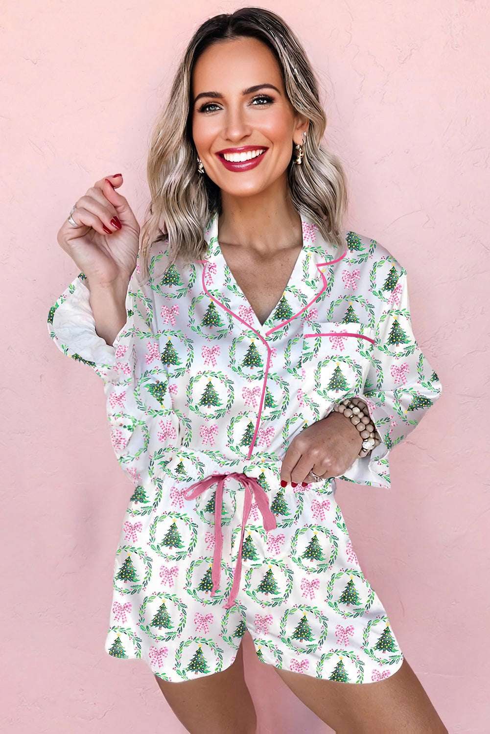 Green Christmas Fashion Print Velvet Trim Bow Knot Pajama 2pcs Short Set