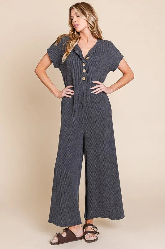 Rib Knit Jumpsuit with Button Detail
