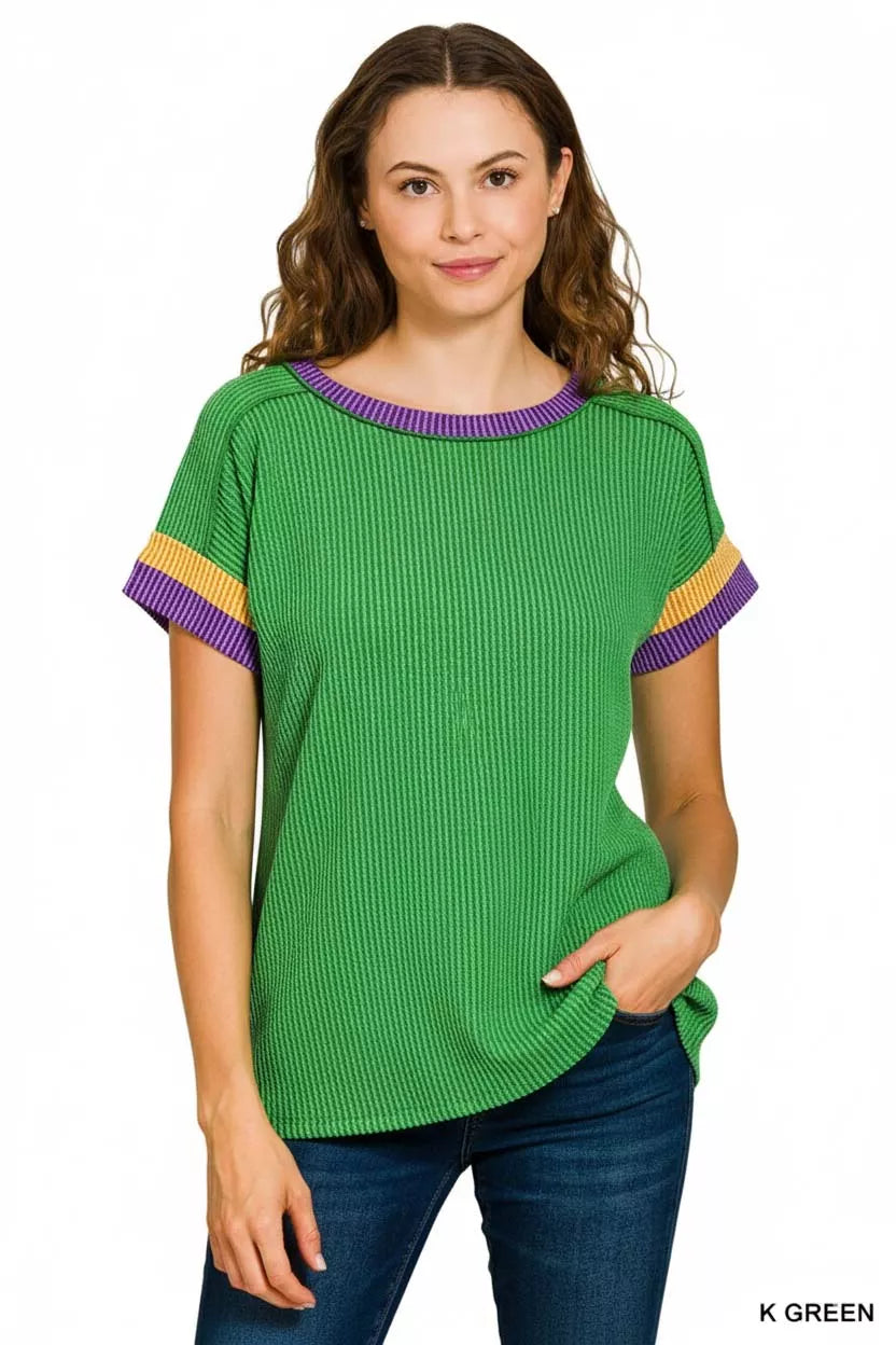 Mardi Gras Raised Rib Contrast Trim Top