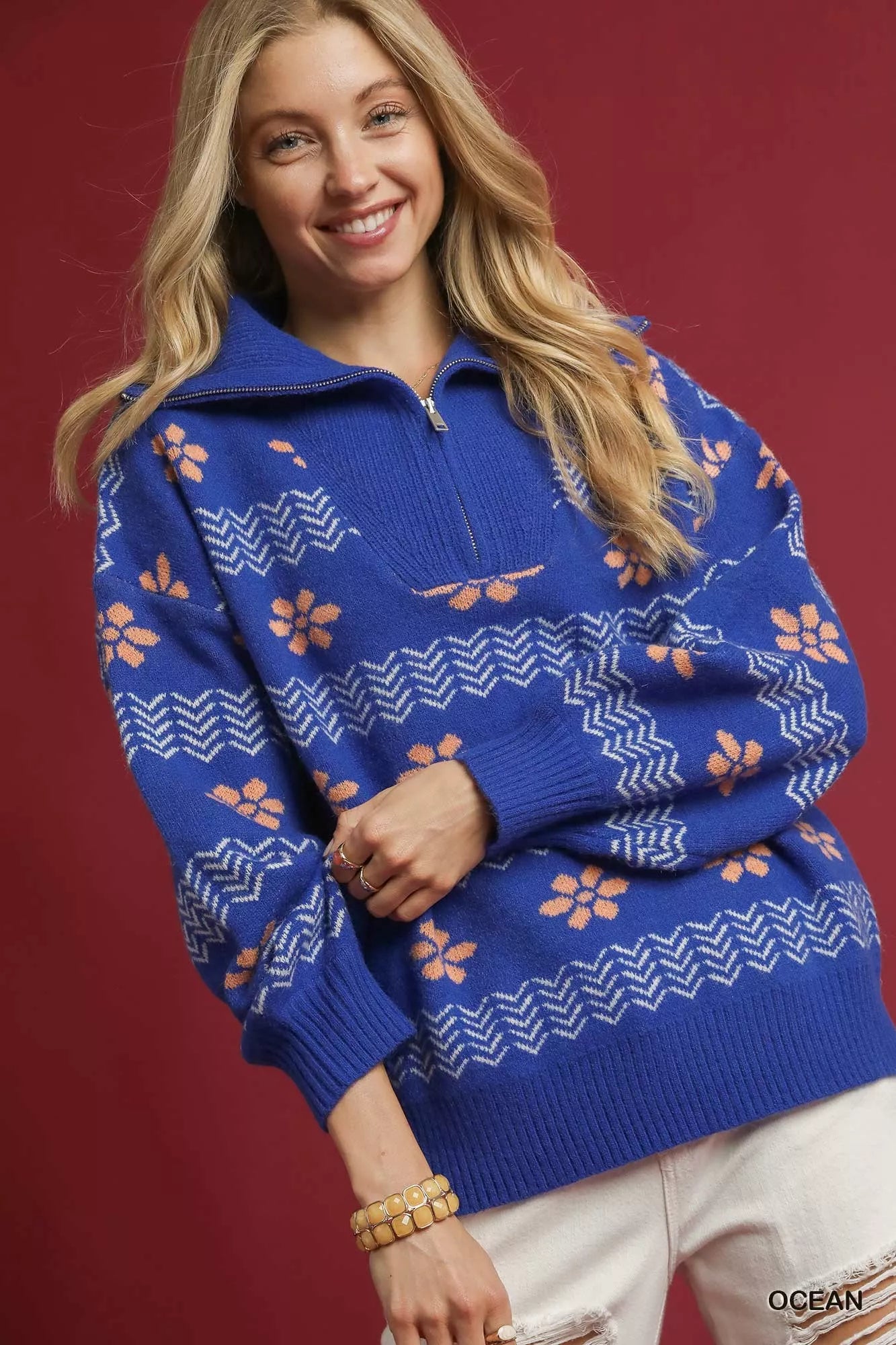 Floral Patterned Jacquard Quarter-Zip Pullover Sweater