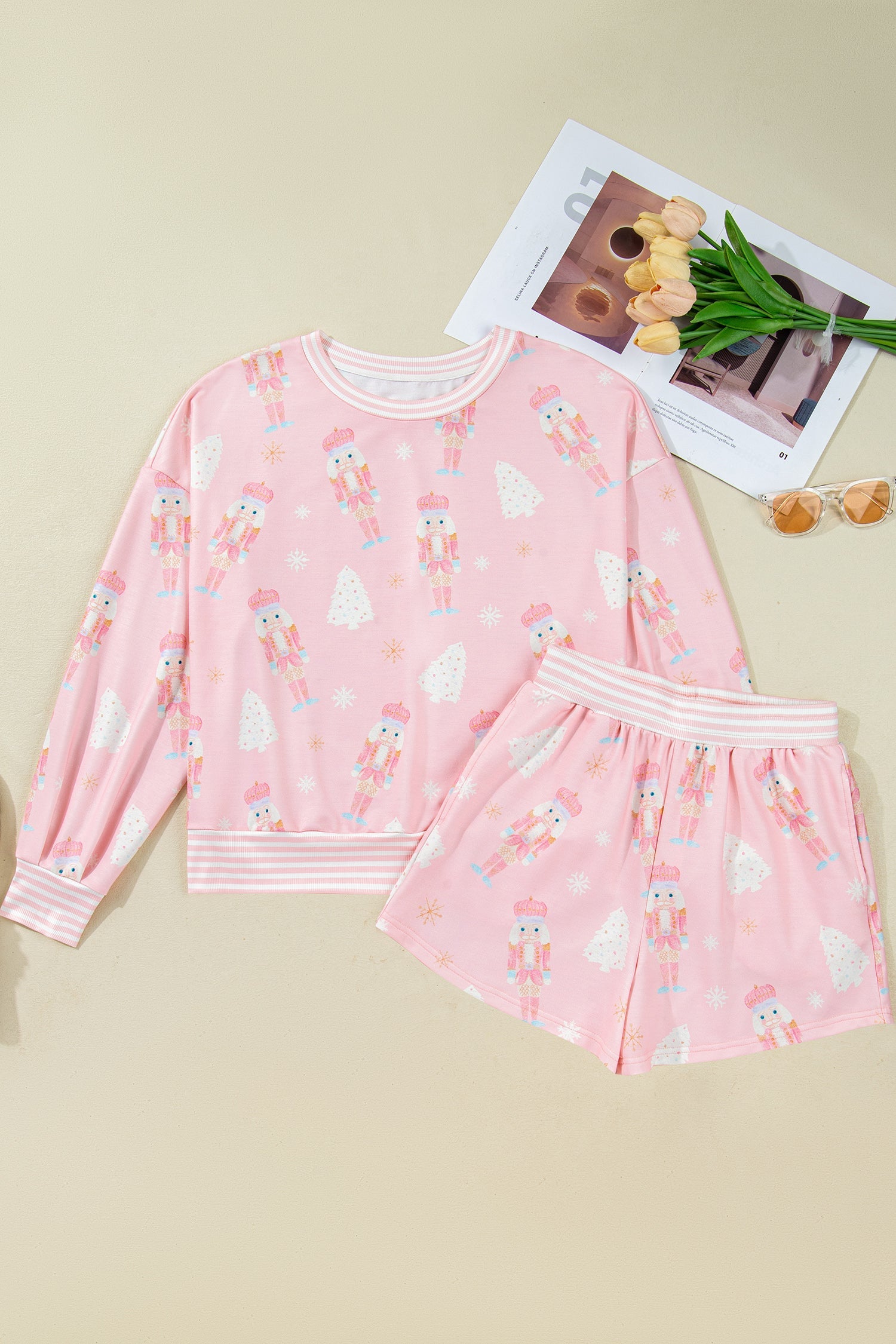 Pink Christmas Tree Nutcracker Doll Print Contrast Trim Long Sleeve Top Matching Shorts Set
