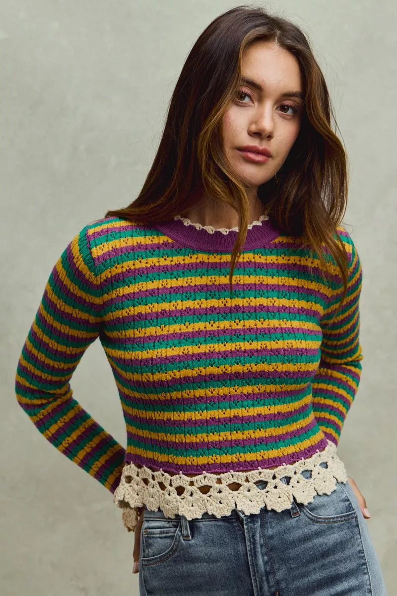 Mardi Gras Striped Cropped Knit Top with Crochet Edge