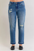 Full Size Mid Rise Bf Patch & Repair Destroy Release Hem Jeans Plus Size