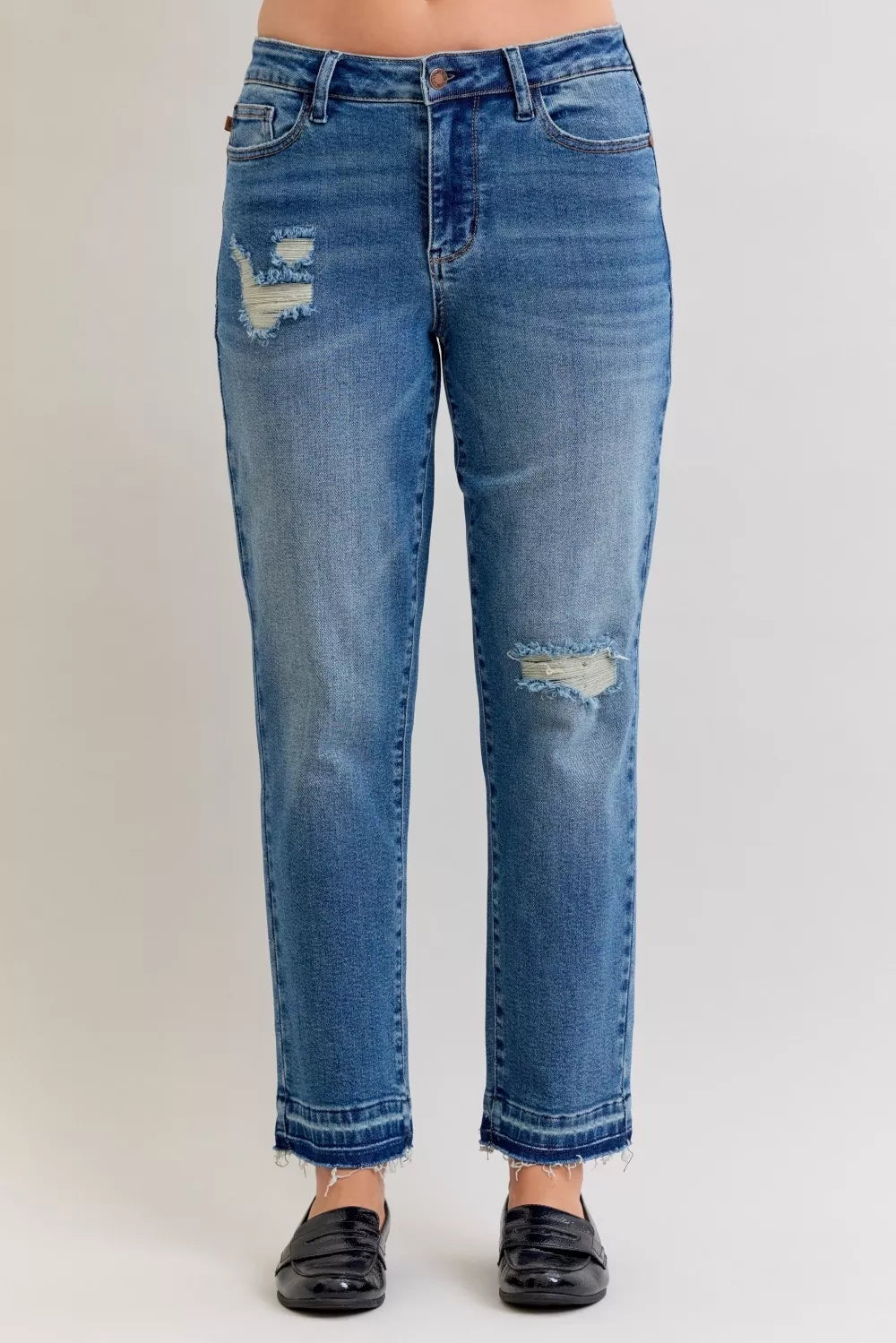 Full Size Mid Rise Bf Patch & Repair Destroy Release Hem Jeans Plus Size