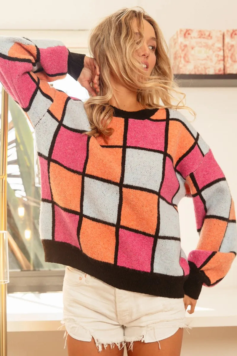 Multi Color Checker Pattern Sweater