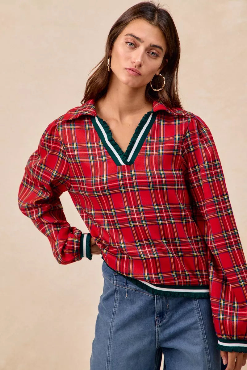 Christmas Plaid Collared Top with Ruffled Detail