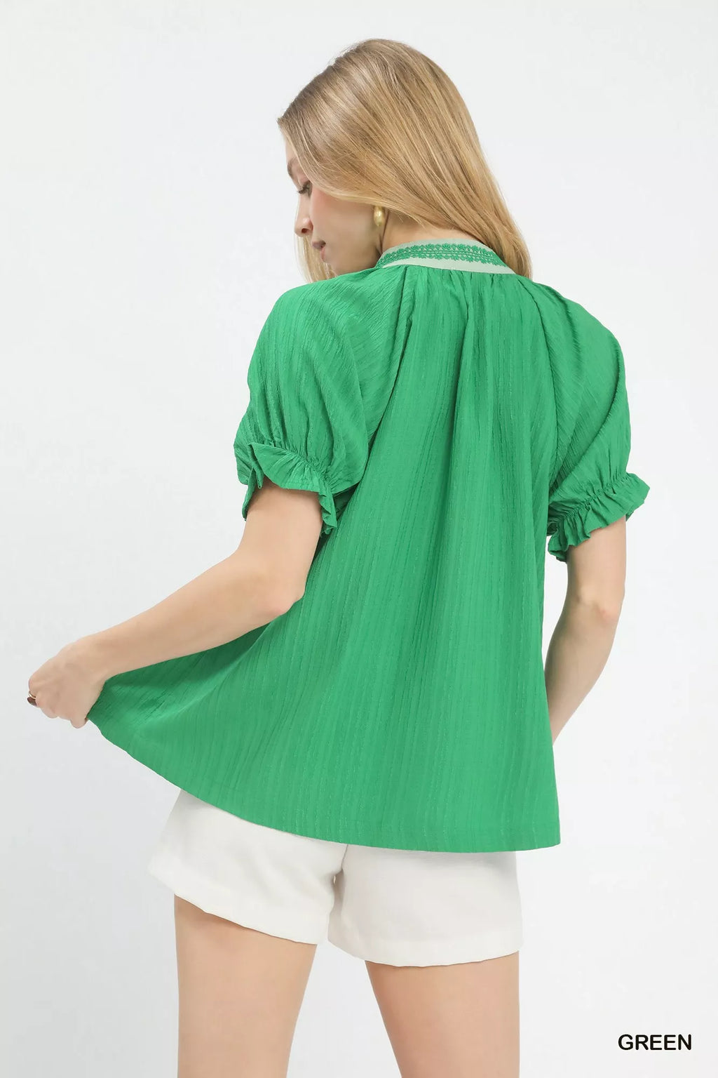 Textured V-Neck Top with Lace Trim Details