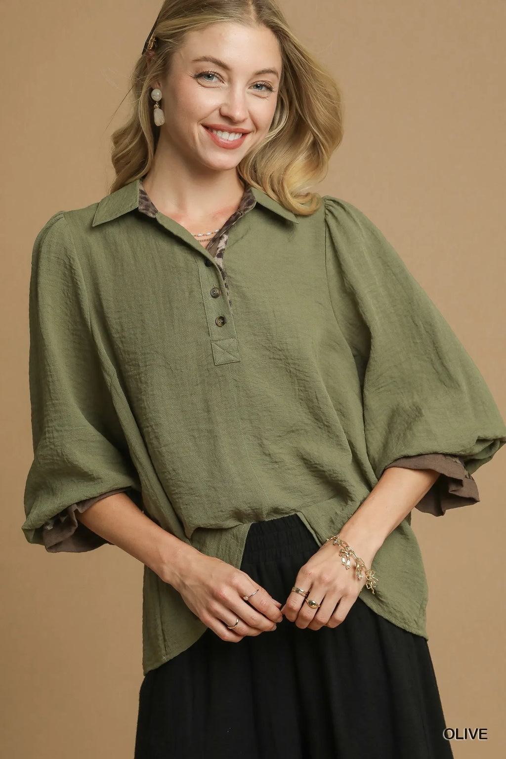 Half Button Blouse with Leopard Print Trim